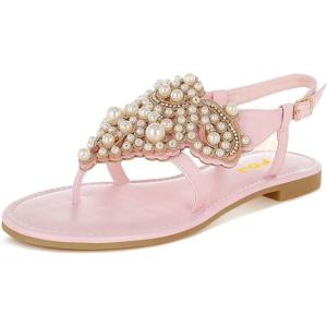 image:imageFSJ Women Pearl Flat Sandals TStrap Bride Wedding Dress Flip Flops with Clip Toe Comfortable Adjustable Ankle Strap Shoes Size 416 USPink