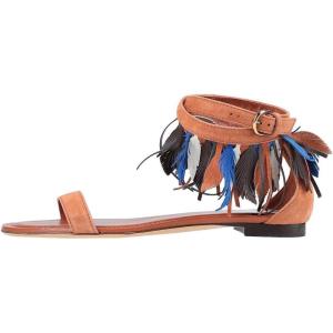 image:imageFSJ Women Retro Tassel Flat Sandals Bohemian Featherlike Leather Fringe Ankle Strap Open Toe Buckle Casual Summer Dress Shoes Size 416 USOrange Brown