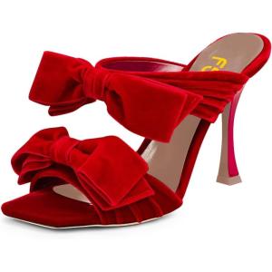 image:imageFSJ Women Sexy Two Bows Open Toe Mules Stiletto High Heel Slip On Party Evening Slides Shoes Size 415 USRed