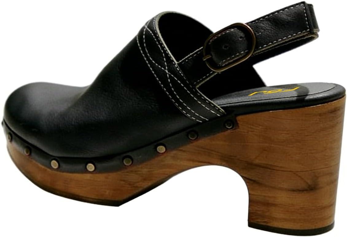 image:imageFSJ Women Slingback Clogs Wooden Block Heel Closed Round Toe Platform Studded Mules Buckle Strap Vintage Dress Slide Sandals Size 416 USBlack