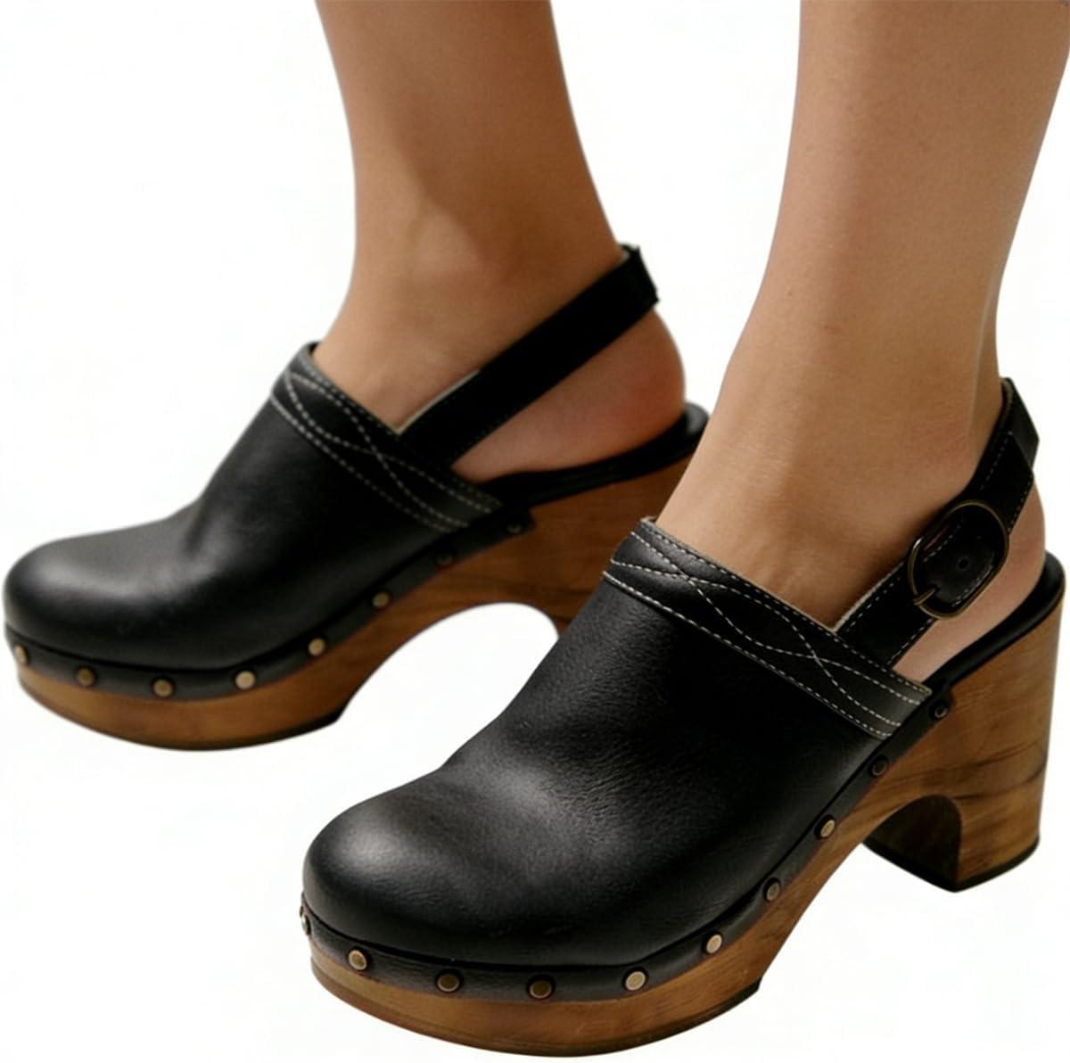 image:imageFSJ Women Slingback Clogs Wooden Block Heel Closed Round Toe Platform Studded Mules Buckle Strap Vintage Dress Slide Sandals Size 416 USBlack