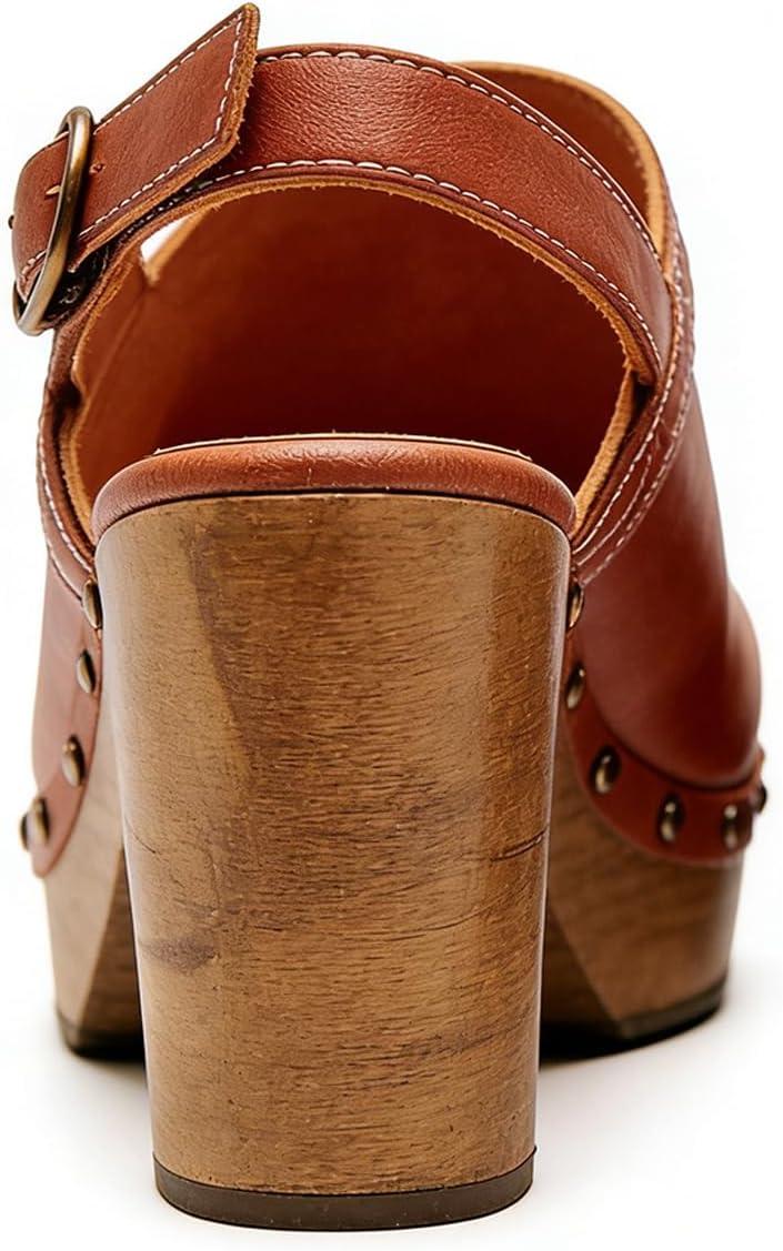 image:imageFSJ Women Slingback Clogs Wooden Block Heel Closed Round Toe Platform Studded Mules Buckle Strap Vintage Dress Slide Sandals Size 416 USBrown