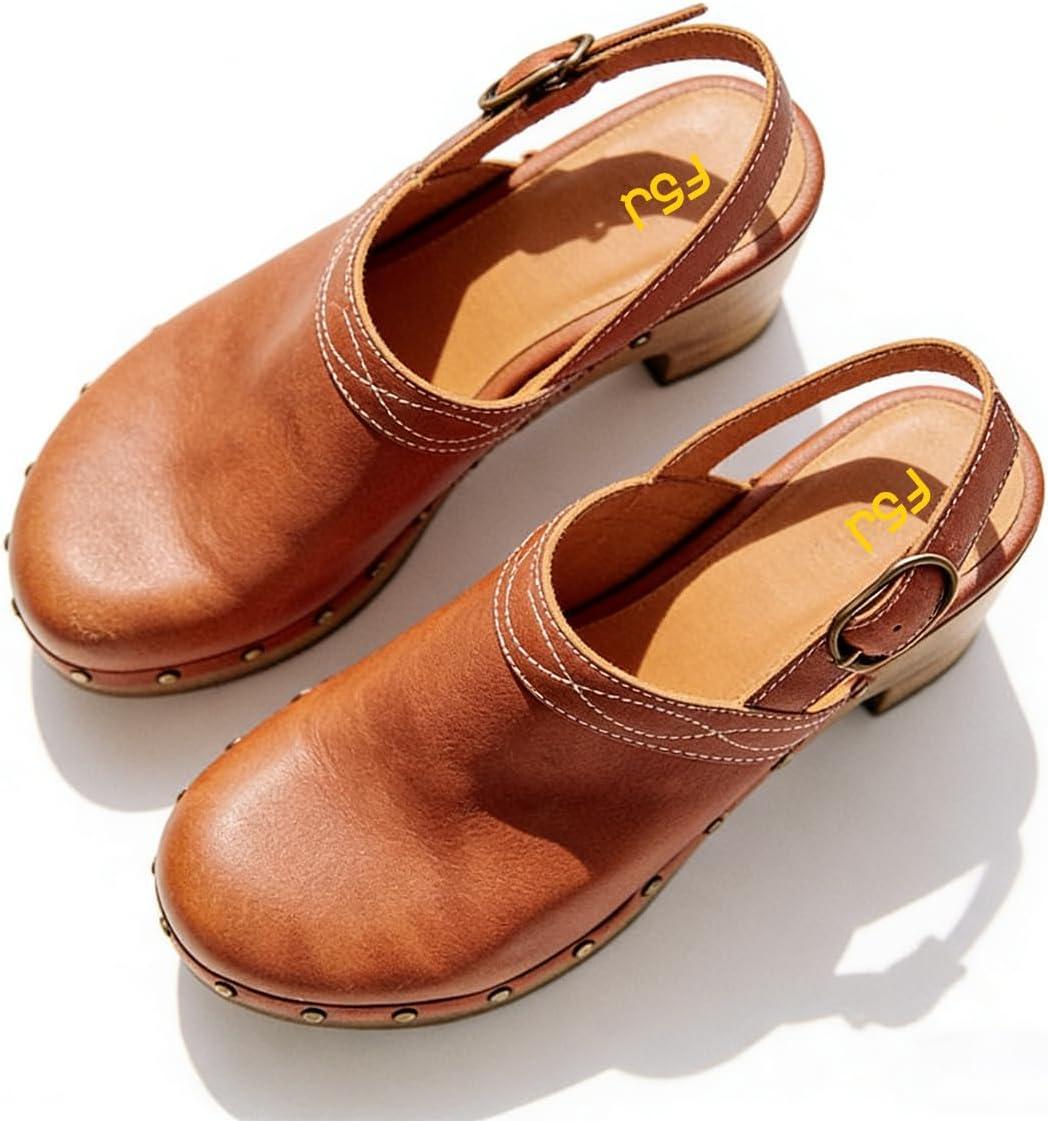 image:imageFSJ Women Slingback Clogs Wooden Block Heel Closed Round Toe Platform Studded Mules Buckle Strap Vintage Dress Slide Sandals Size 416 USBrown