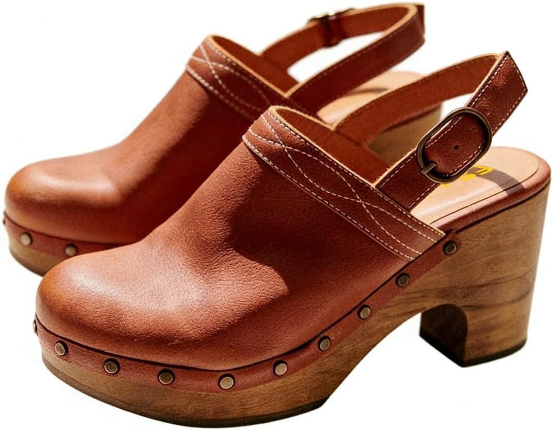 image:imageFSJ Women Slingback Clogs Wooden Block Heel Closed Round Toe Platform Studded Mules Buckle Strap Vintage Dress Slide Sandals Size 416 USBrown