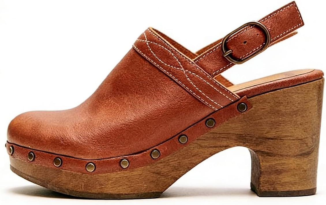 image:imageFSJ Women Slingback Clogs Wooden Block Heel Closed Round Toe Platform Studded Mules Buckle Strap Vintage Dress Slide Sandals Size 416 USBrown