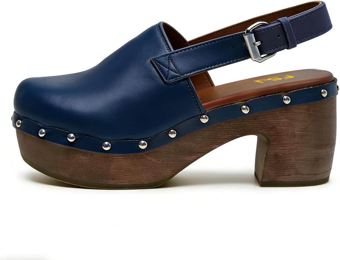image:imageFSJ Women Slingback Clogs Wooden Block Heel Closed Round Toe Platform Studded Mules Buckle Strap Vintage Dress Slide Sandals Size 416 USGreen