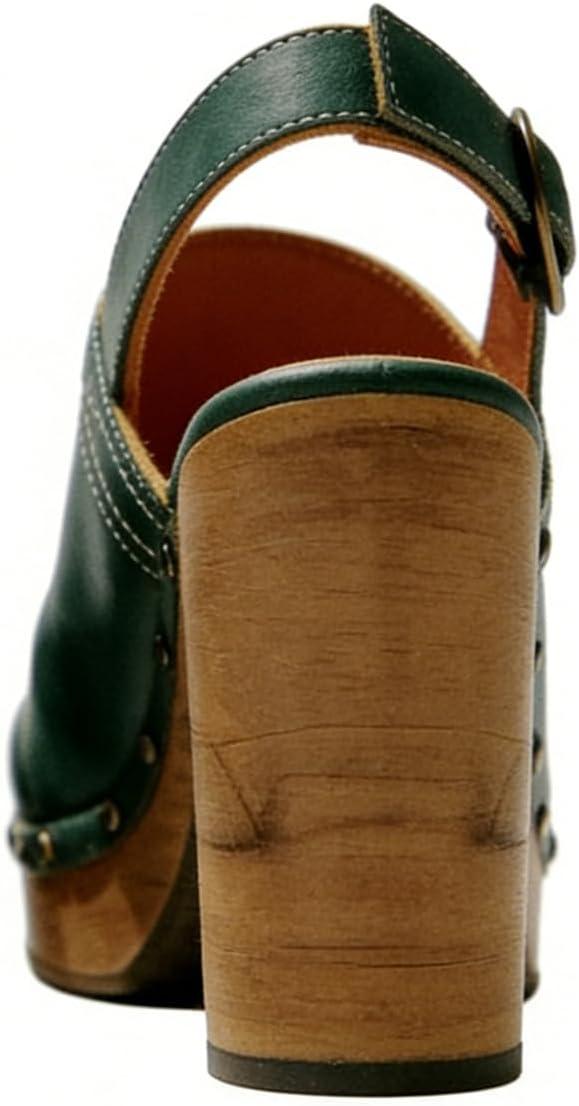 image:imageFSJ Women Slingback Clogs Wooden Block Heel Closed Round Toe Platform Studded Mules Buckle Strap Vintage Dress Slide Sandals Size 416 USGreen