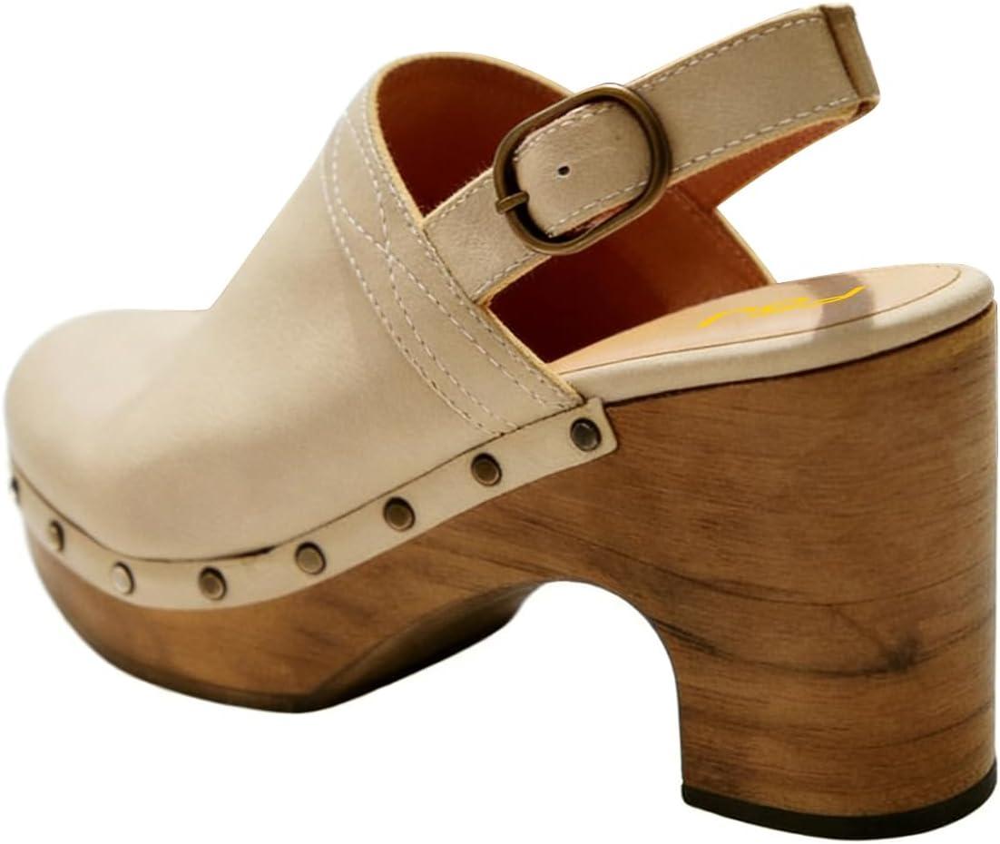 image:imageFSJ Women Slingback Clogs Wooden Block Heel Closed Round Toe Platform Studded Mules Buckle Strap Vintage Dress Slide Sandals Size 416 USOyster White