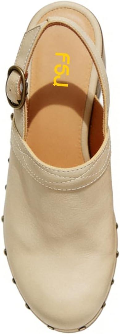 image:imageFSJ Women Slingback Clogs Wooden Block Heel Closed Round Toe Platform Studded Mules Buckle Strap Vintage Dress Slide Sandals Size 416 USOyster White