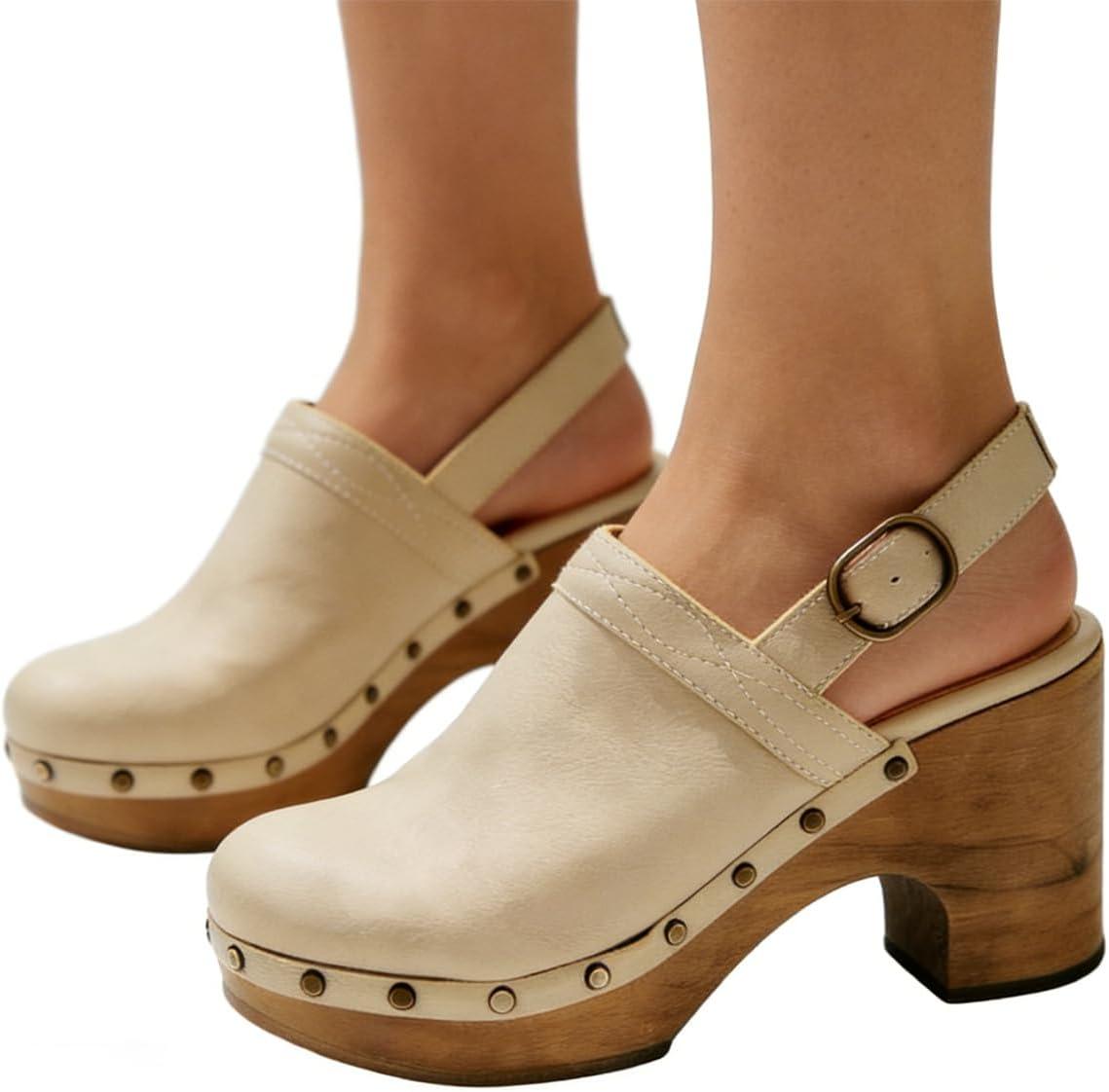 image:imageFSJ Women Slingback Clogs Wooden Block Heel Closed Round Toe Platform Studded Mules Buckle Strap Vintage Dress Slide Sandals Size 416 USOyster White