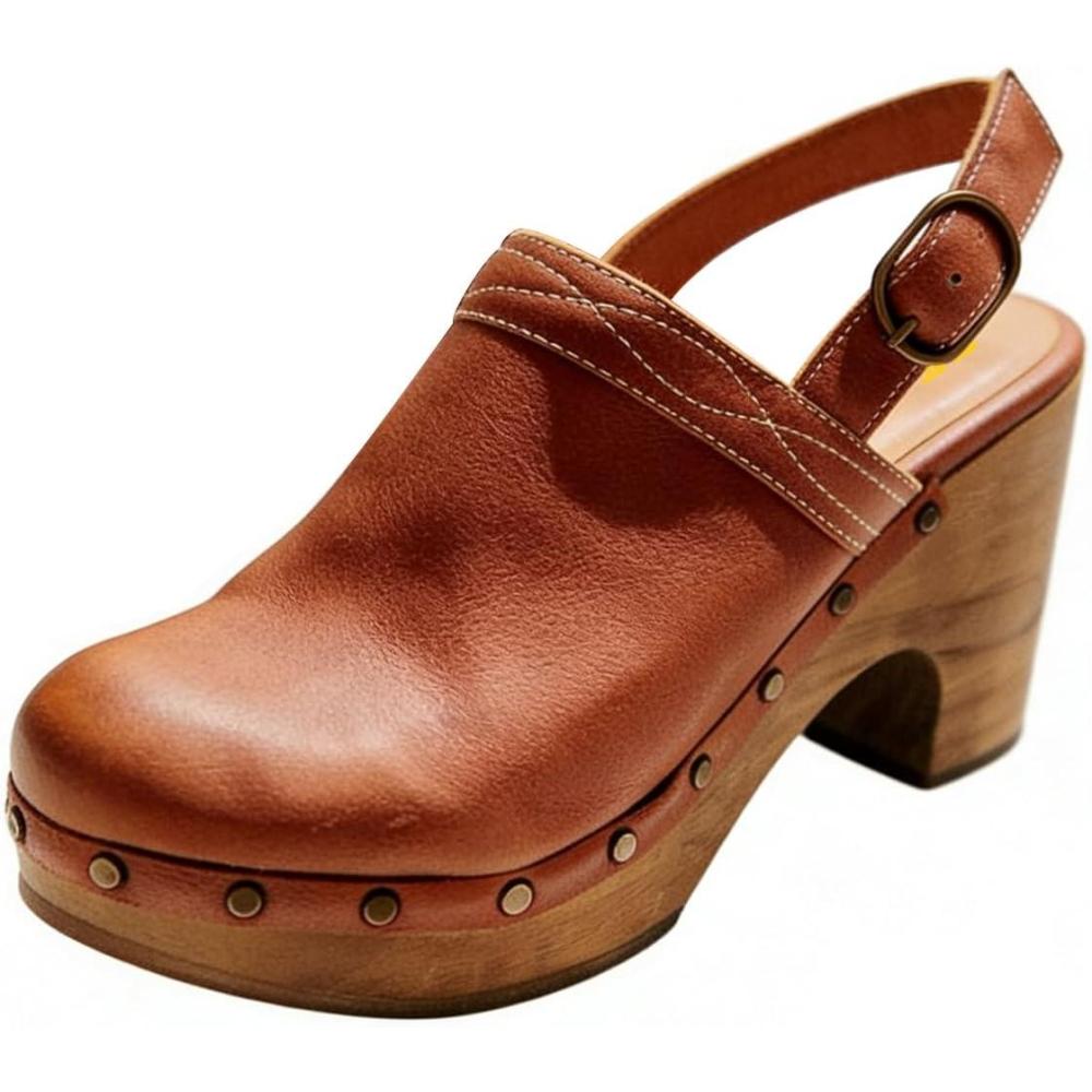 image:imageFSJ Women Slingback Clogs Wooden Block Heel Closed Round Toe Platform Studded Mules Buckle Strap Vintage Dress Slide Sandals Size 416 USBrown