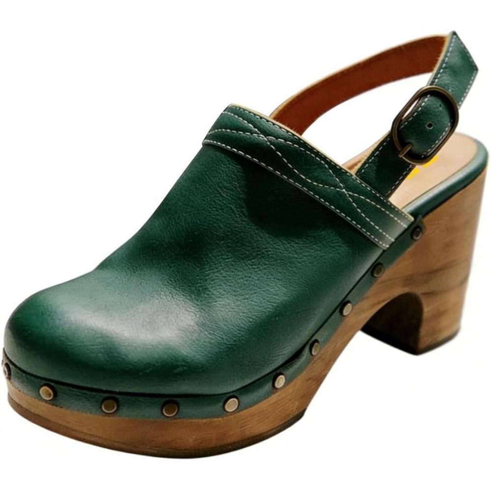 image:imageFSJ Women Slingback Clogs Wooden Block Heel Closed Round Toe Platform Studded Mules Buckle Strap Vintage Dress Slide Sandals Size 416 USGreen