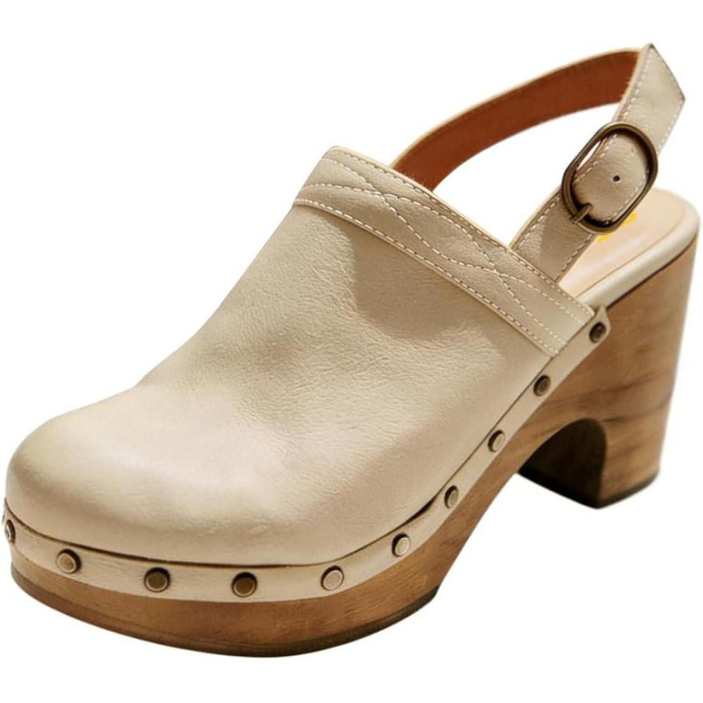 image:imageFSJ Women Slingback Clogs Wooden Block Heel Closed Round Toe Platform Studded Mules Buckle Strap Vintage Dress Slide Sandals Size 416 USOyster White