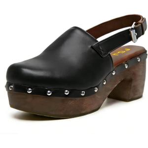 image:imageFSJ Women Closed Round Toe Studded Mules Chunky Wooden Platform Heel Clogs Adjustable Buckle Strap Slingback Casual Shoes Size 416 USBlack