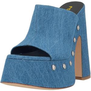 image:imageFSJ Women Open Round Toe Mule Sandals Chunky High Heel Slip On Platform Clogs Slides with Studs Comfy Shoes Size 416 USBlue Denim