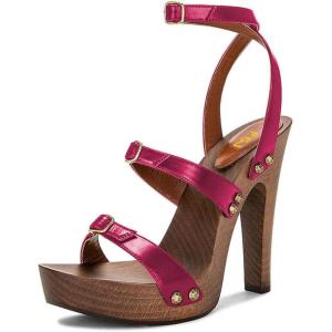 image:imageFSJ Women Open Toe Triple Buckle Straps Clog Heels Studded Platform Sandals Wooden Chunky Block Date Nights Shoes Size 416 USFushcia