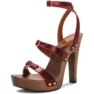 image:imageFSJ Women Open Toe Triple Buckle Straps Clog Heels Studded Platform Sandals Wooden Chunky Block Date Nights Shoes Size 416 USRed