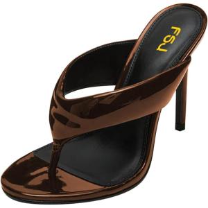 image:imageFSJ Women Round Open Toe Thong Stiletto Mule Sandals High Heel Slip On Flip Flops Comfortable Summer Wedding Evening Shoes Size 416 USBrown