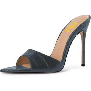 image:imageFSJ Women Sexy Open Pointed Toe Stiletto Heel Sandals Embossed Wide Strap Slip On Casual Summer Walking Dress Mules Shoes Size 415 USCyan
