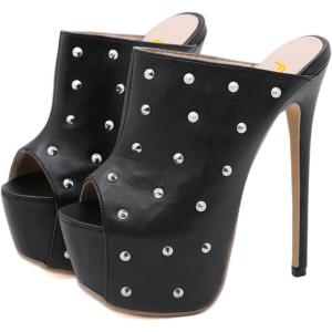 image:imageFSJ Women Sexy Studded Platform Mules Stiletto High Heel Peep Toe Slip On Summer Party Dress Prom Shoes Size 415 USBlack