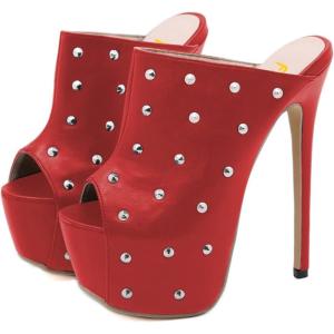 image:imageFSJ Women Sexy Studded Platform Mules Stiletto High Heel Peep Toe Slip On Summer Party Dress Prom Shoes Size 415 USRed