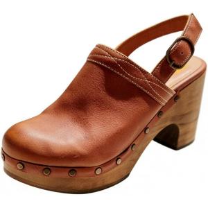 image:imageFSJ Women Slingback Clogs Wooden Block Heel Closed Round Toe Platform Studded Mules Buckle Strap Vintage Dress Slide Sandals Size 416 USBrown