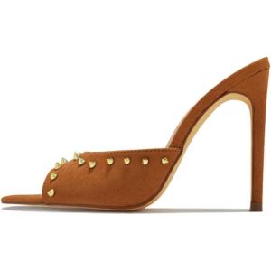 image:imageFSJ Women Studded High Heel Mules Pointed Open Toe Slip On Stiletto Rivets Slides Sandals Stylish Casual Dress Shoes Size 416 USBrown