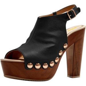 image:imageFSJ Women Studded Platform Heels Slingback Sandals Wooden Block Heel Ankle Strap Peep Toe Clogs Mules Comfortable Walking Shoes Size 416 USBlack