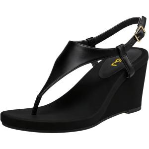 image:imageFSJ Women Low Wedge Heel Thong Sandals Ankle Strap Round Open Toe Flip Flops Comfortable Cushion Heeled Sandal Summer Beach Shoes Size 416 USBlack