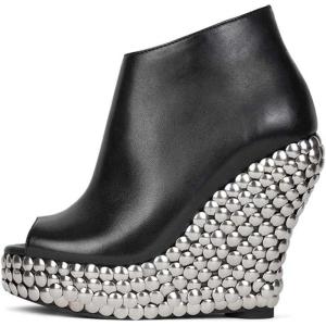 image:imageFSJ Women Stylish Peep Toe Wedge High Heel Ankle Boots with Studs Platform Side Zip Fashion Booties Party Concert Shoes Size 416 USBlack