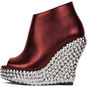 image:imageFSJ Women Stylish Peep Toe Wedge High Heel Ankle Boots with Studs Platform Side Zip Fashion Booties Party Concert Shoes Size 416 USRed