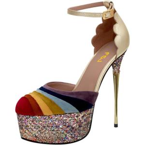 image:imageFSJ Women Multicolor Platform High Heel Stiletto Pumps Ankle Strap Rainbow Closed Round Toe DOrsay Sandals Dress Wedding Party Shoes Size 416 USGold