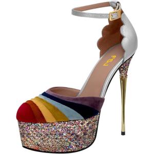 image:imageFSJ Women Multicolor Platform High Heel Stiletto Pumps Ankle Strap Rainbow Closed Round Toe DOrsay Sandals Dress Wedding Party Shoes Size 416 USSilver