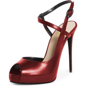 image:imageFSJ Women Peep Toe Low Platform Stilettos Slingback Pumps Ankle Strap Side Buckle High Heel Sandals Fashion Bride Party Shoes Size 416 USRed