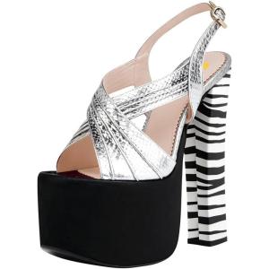 image:imageFSJ Women Peep Toe Platform Sandals Multicolor Printing Chunky High Heel Slingbacks Buckle Strap Party Dress Shoes Size 416 USBlacksilver