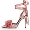image:imageFSJ Women Cute Satin Rose LaceUp Stiletto Pumps Pointed Toe Floral High Heel Sandals Sexy Wedding Evening Shoes Size 416 USPink