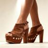 image:imageFSJ Women Studded Platform Heels Slingback Sandals Wooden Block Heel Ankle Strap Peep Toe Clogs Mules Comfortable Walking Shoes Size 416 USBrown Suede