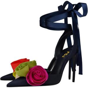 image:imageFSJ Women Cute Satin Rose LaceUp Stiletto Pumps Pointed Toe Floral High Heel Sandals Sexy Wedding Evening Shoes Size 416 USBlue
