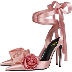 image:imageFSJ Women Cute Satin Rose LaceUp Stiletto Pumps Pointed Toe Floral High Heel Sandals Sexy Wedding Evening Shoes Size 416 USPink