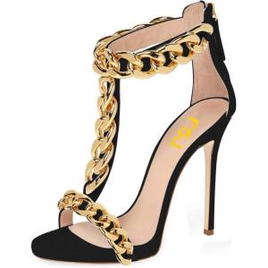 image:imageFSJ Women Open Toe Ankle Straps Sandals High Heels Pumps Stilettos TStraps Golden Metal Chains Zipper Wedding Party Sexy Dress Shoes Size 415 USBlackchain
