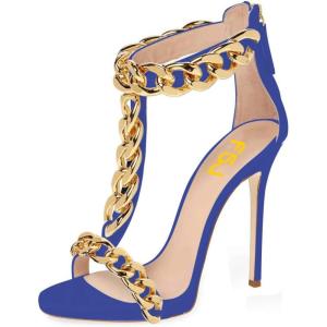 image:imageFSJ Women Open Toe Ankle Straps Sandals High Heels Pumps Stilettos TStraps Golden Metal Chains Zipper Wedding Party Sexy Dress Shoes Size 415 USBluechain