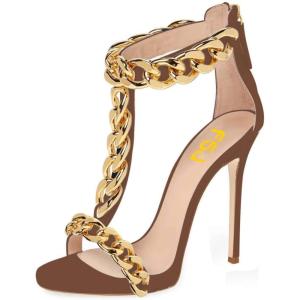 image:imageFSJ Women Open Toe Ankle Straps Sandals High Heels Pumps Stilettos TStraps Golden Metal Chains Zipper Wedding Party Sexy Dress Shoes Size 415 USBrownchain