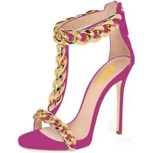 image:imageFSJ Women Open Toe Ankle Straps Sandals High Heels Pumps Stilettos TStraps Golden Metal Chains Zipper Wedding Party Sexy Dress Shoes Size 415 USFuchsiachain
