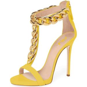 image:imageFSJ Women Open Toe Ankle Straps Sandals High Heels Pumps Stilettos TStraps Golden Metal Chains Zipper Wedding Party Sexy Dress Shoes Size 415 USYellow
