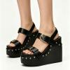 image:imageFSJ Women Open Toe High Heel Wedges Adjustable Double Buckle Slingback Studded Platform Wedge Sandals Party Festival Shoes Size 416 USBlack