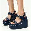 image:imageFSJ Women Open Toe High Heel Wedges Adjustable Double Buckle Slingback Studded Platform Wedge Sandals Party Festival Shoes Size 416 USBlue