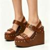 image:imageFSJ Women Open Toe High Heel Wedges Adjustable Double Buckle Slingback Studded Platform Wedge Sandals Party Festival Shoes Size 416 USBrown