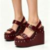 image:imageFSJ Women Open Toe High Heel Wedges Adjustable Double Buckle Slingback Studded Platform Wedge Sandals Party Festival Shoes Size 416 USDark Red