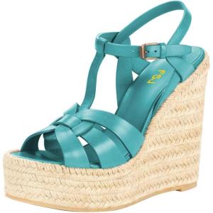 image:imageFSJ Women Elegant Open Toe Espadrille Platform Ankle Strap Wedge Sandals Woven Cutout Casual Strappy Walking Shoes Size 416 USTurquoise