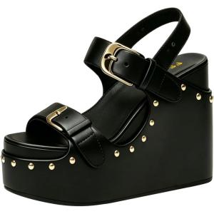 image:imageFSJ Women Open Toe High Heel Wedges Adjustable Double Buckle Slingback Studded Platform Wedge Sandals Party Festival Shoes Size 416 USBlack